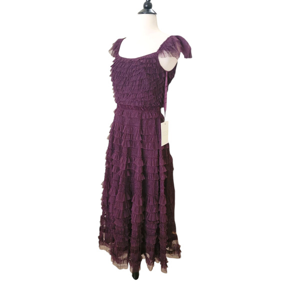 Mac Duggal 8054 Amethyst Purple Ruffle Tiered Cap Sleeve Midi Gown Dress 4 - Picture 5 of 16